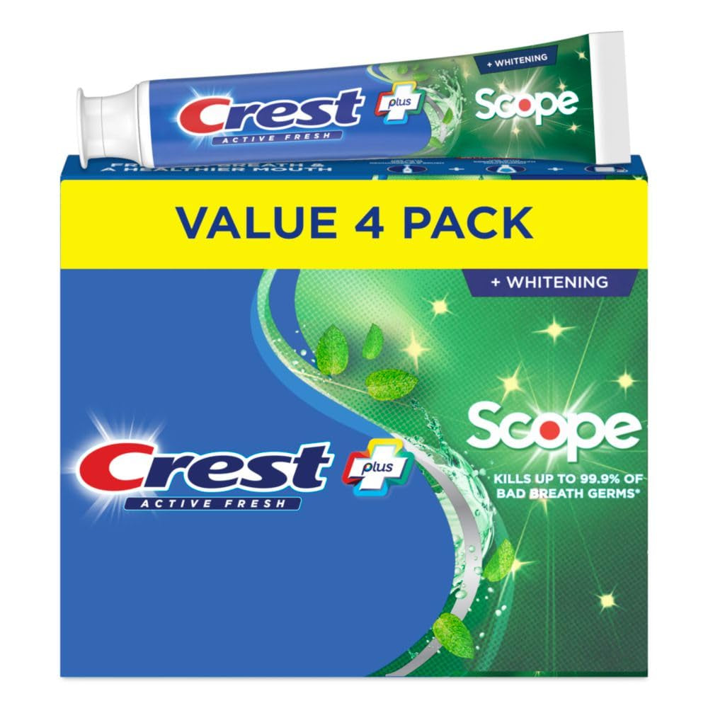 Crest + Scope, Active Fresh, Teeth Whitening Toothpaste for Adults, 5.5Oz 4 Pack, Bad Breath Treatment, Breath Freshner, for Sensitive Teeth, Deep Stain Remover, Travel Size Toiletries