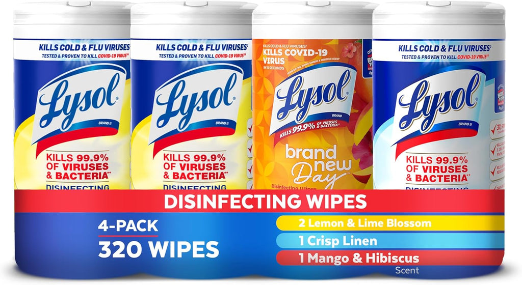 Disinfecting Wipes, All Purpose Cleaner, Multi-Surface Antibacterial Cleaning Wipes, Household Cleaning Supplies, Dorm Essentials, Lemon + Mango & Hibiscus + Crisp Linen Scent, 80 Ct. (4 Pack)