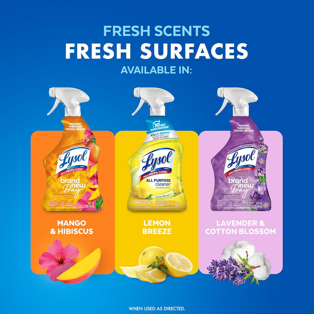 Lysol All Purpose Cleaner Spray, Multi-Purpose Disinfecting Spray, Kitchen & Bathroom Cleaner, Lemon Breeze, Lavender, & Mango Scents, 32Oz (Pack of 4)