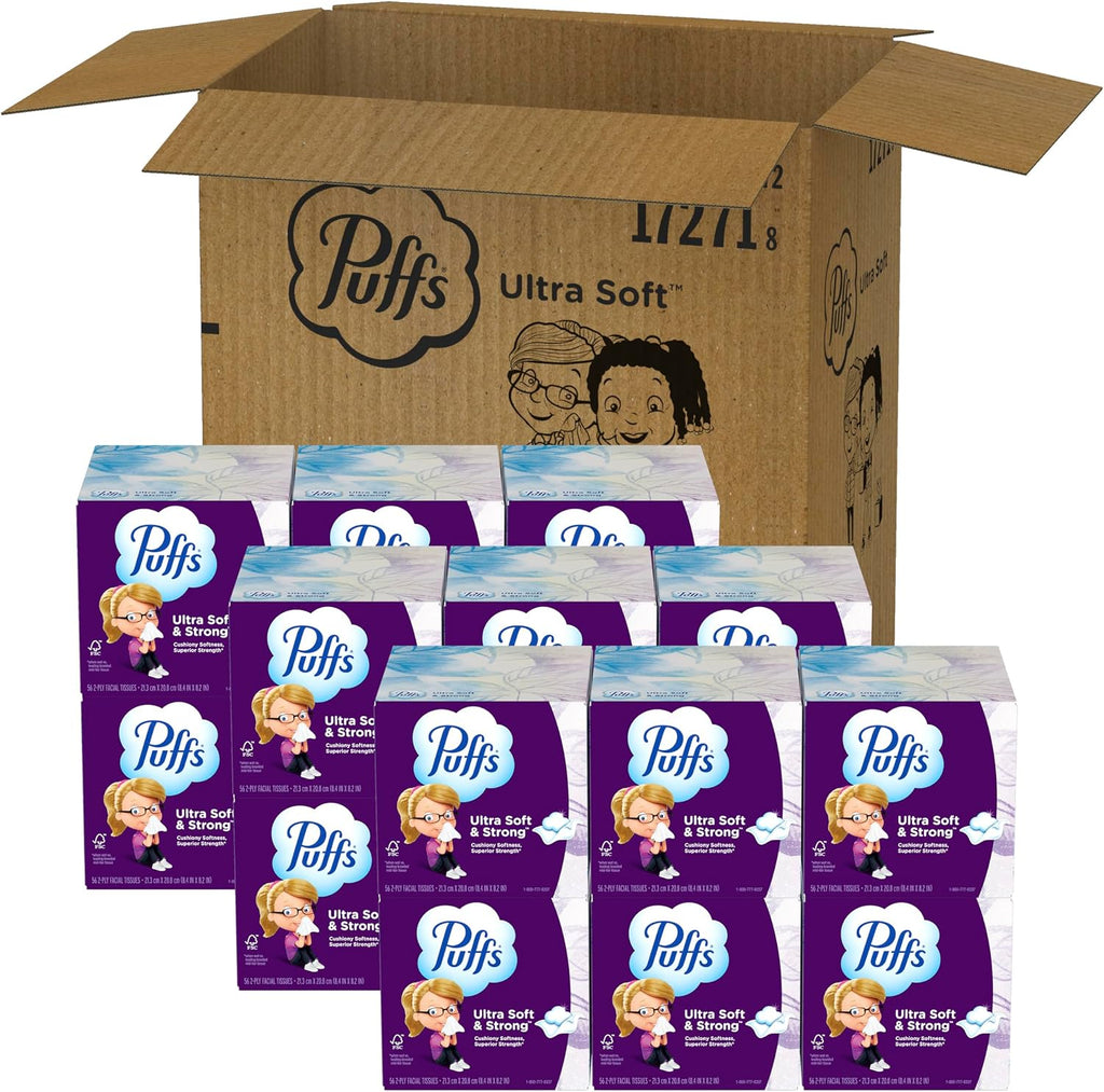 Puffs Facial Tissue Ultra Soft Non-Lotion, 18 Cube Boxes, 56 Facial Tissues per Box, Allergies and Colds (Packaging May Vary)