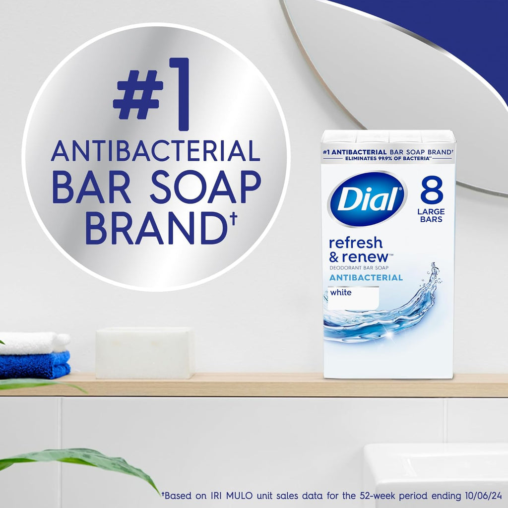 Dial Antibacterial Bar Soap, Refresh & Renew, White, 4 Oz, 32 Bars