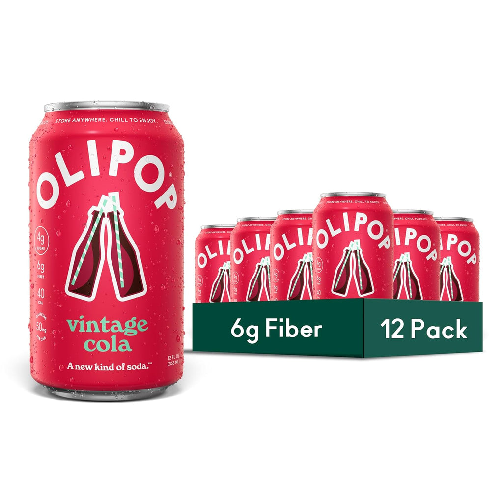 OLIPOP Prebiotic Soda Pop, Vintage Cola, Pantry Pack Packed with Prebiotics, Fiber, and Botanicals, Gluten Free, GMO Free, 12Oz (12-Cans) (Packaging May Vary)