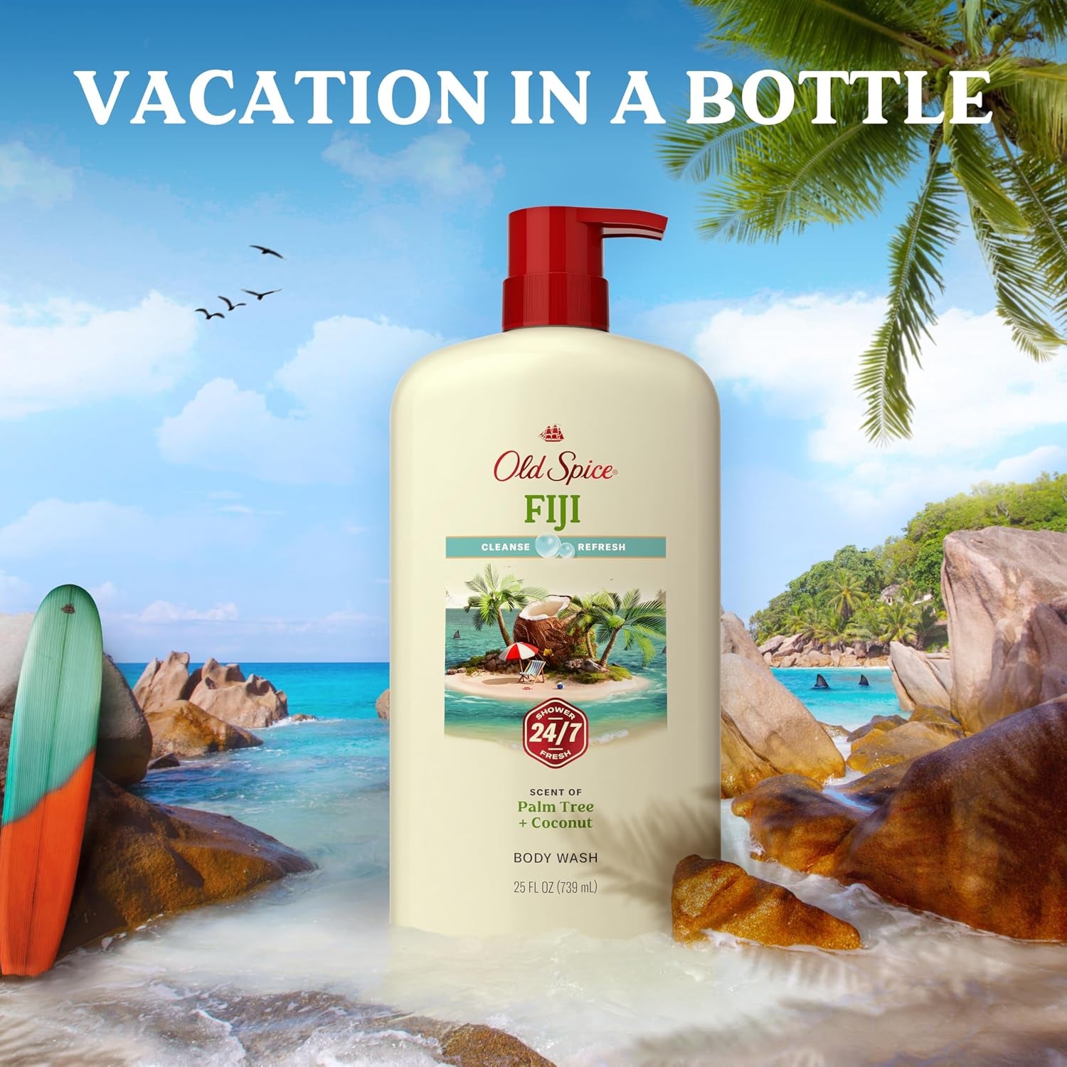 Old Spice Body Wash for Men, 24/7 Shower Fresh with Lasting Scent, Cleanse & Refresh, Gentle on Skin, Vitamin B3, Fiji with Palm Tree + Coconut Scent, 25 Oz (Pack of 4)