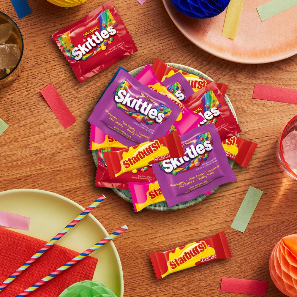 SKITTLES Original, Wild Berry & STARBURST Original and Favereds Fun Size Chewy Candy Variety Pack, Party Size, 20.13 Oz Bulk Candy
