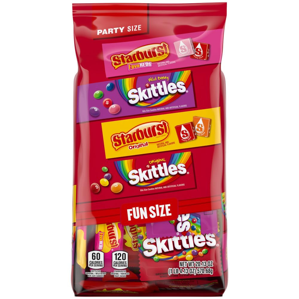 SKITTLES Original, Wild Berry & STARBURST Original and Favereds Fun Size Chewy Candy Variety Pack, Party Size, 20.13 Oz Bulk Candy