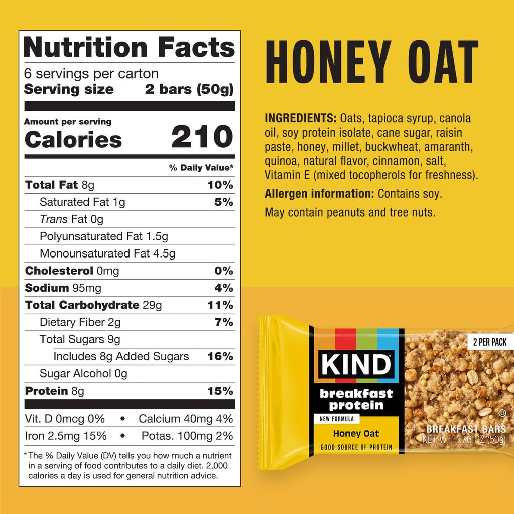 KIND Breakfast Protein Bars Variety Pack, Gluten Free, Low Sodium, Healthy Snacks, Peanut Butter, Honey Oat, Almond Butter, 8G Protein, 18 Count (18 Packs of 2 Bars)