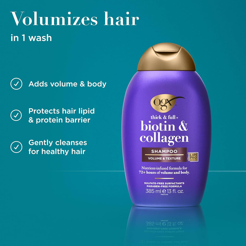 OGX Thick & Full + Biotin & Collagen Volumizing Shampoo, Nutrient-Infused Hair Shampoo with Vitamin B7 Biotin Gives Hair Volume & Body for 72+ Hours, Sulfate-Free Surfactants, 13 Fl. Oz