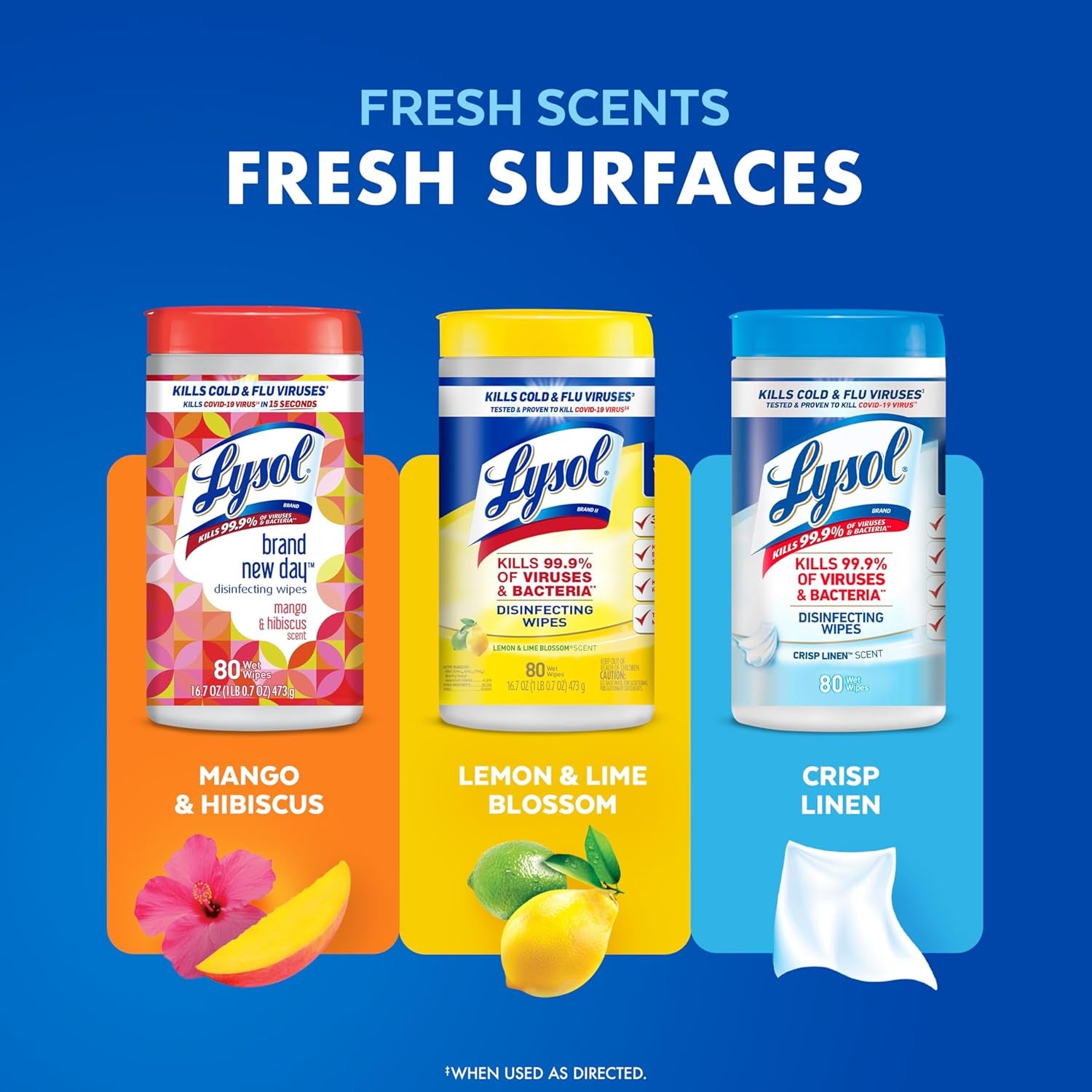 Disinfecting Wipes, All Purpose Cleaner, Multi-Surface Antibacterial Cleaning Wipes, Household Cleaning Supplies, Dorm Essentials, Lemon + Mango & Hibiscus + Crisp Linen Scent, 80 Ct. (4 Pack)
