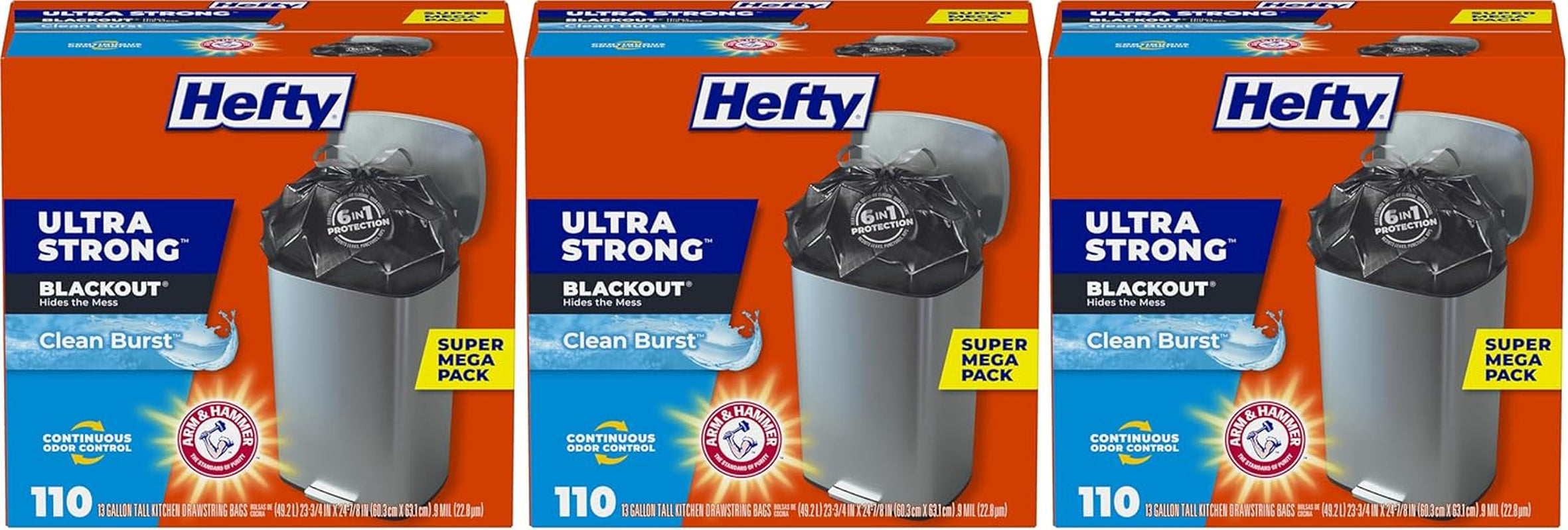 Hefty Ultra Strong 13 Gallon Trash Bags, Black Tall Kitchen Trash Bags 13 Gallon Size, Break Resistant Drawstring Enclosure, Continuous Odor Control, Blackout, Clean Burst Scent, 110 Bags