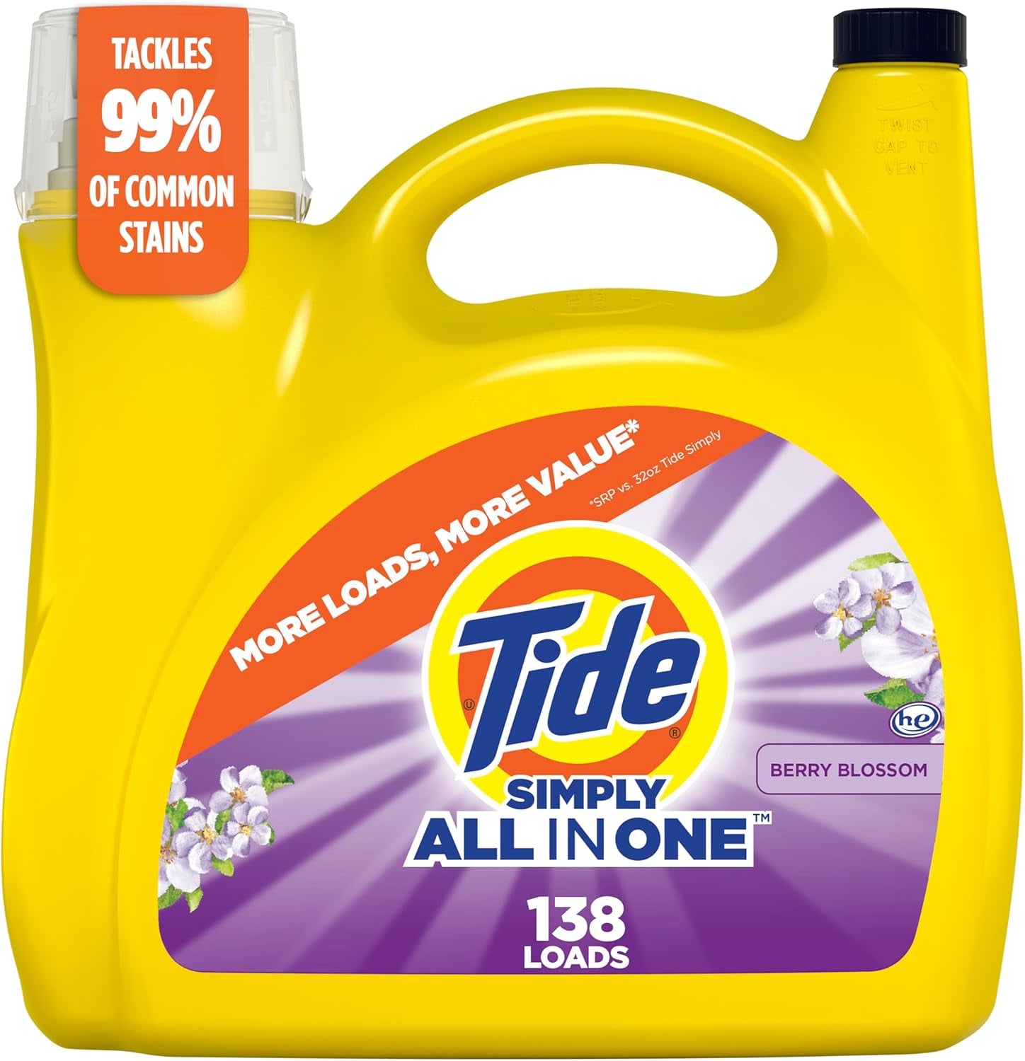 Tide Simply All-In-One Liquid Laundry Detergent, Berry Blossom Scent, 89 Loads, 117 Fl Oz