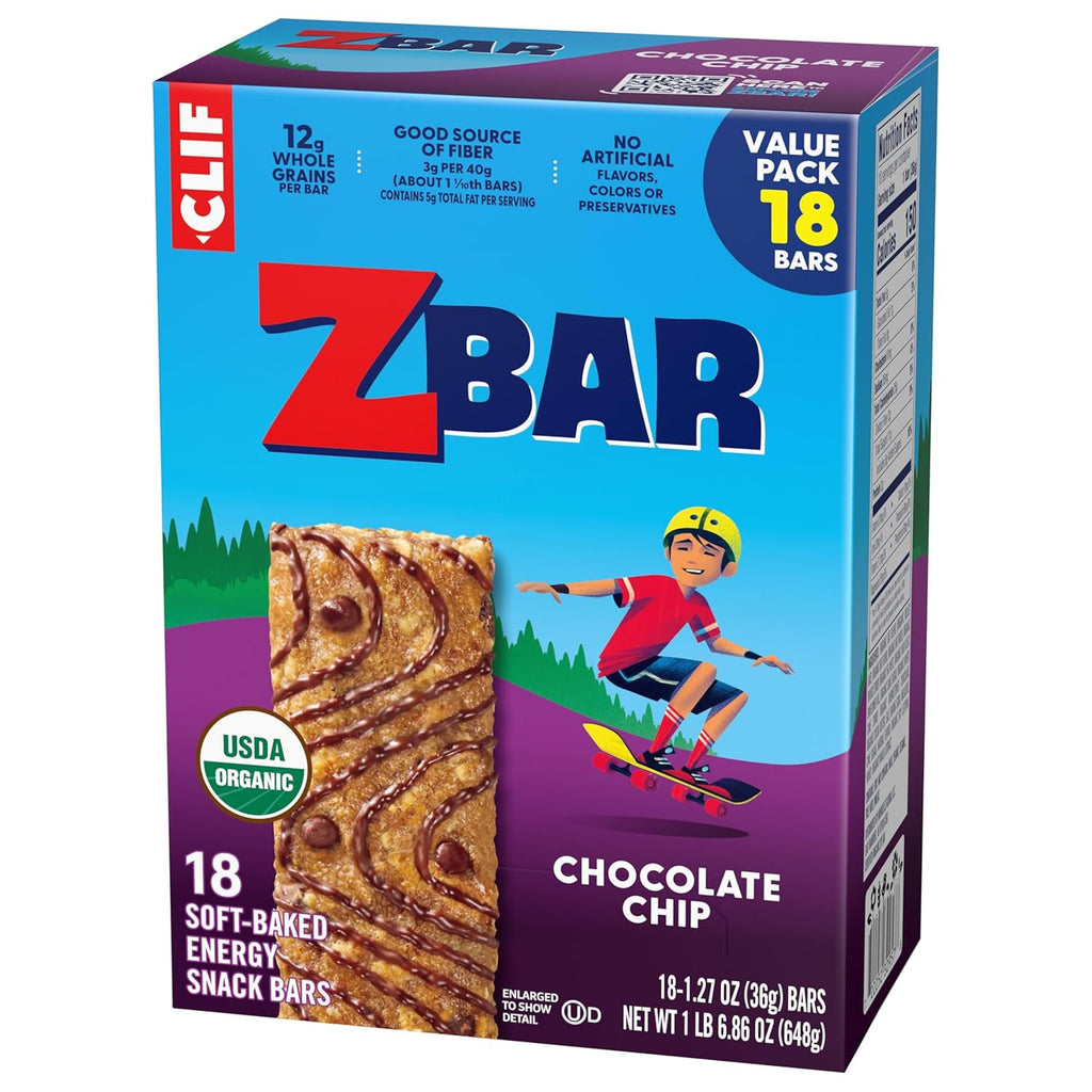 Zbar - Chocolate Chip - Soft-Baked Energy Snack Bars - Non-Gmo - 12G Whole Grains - USDA Organic Granola Bars - Snacks for Kids (18 Pack)
