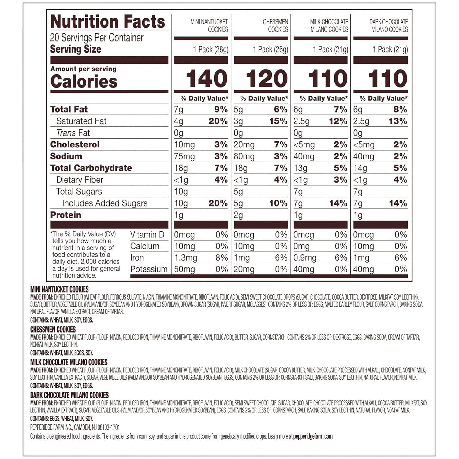 Pepperidge Farm Cookies Variety Pack, Snack Packs, 20 Pk