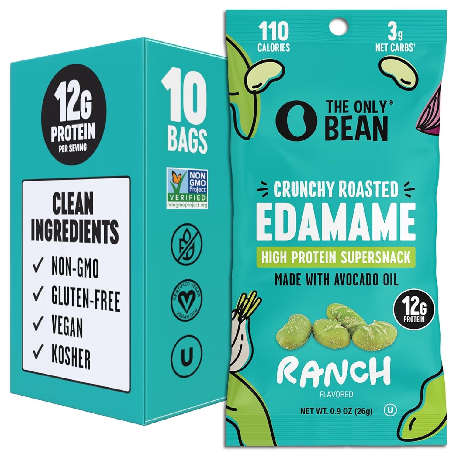 The Only Bean Crunchy Dry Roasted Edamame Snacks (Sea Salt), Healthy High Protein(11G) Keto Food, Low Carb Gluten Free Office Vegan Food 100 Calorie Snack Pack, 0.9Oz 10 Pack
