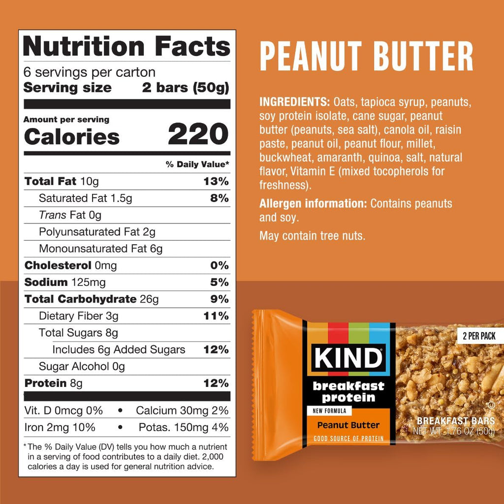KIND Breakfast Protein Bars Variety Pack, Gluten Free, Low Sodium, Healthy Snacks, Peanut Butter, Honey Oat, Almond Butter, 8G Protein, 18 Count (18 Packs of 2 Bars)