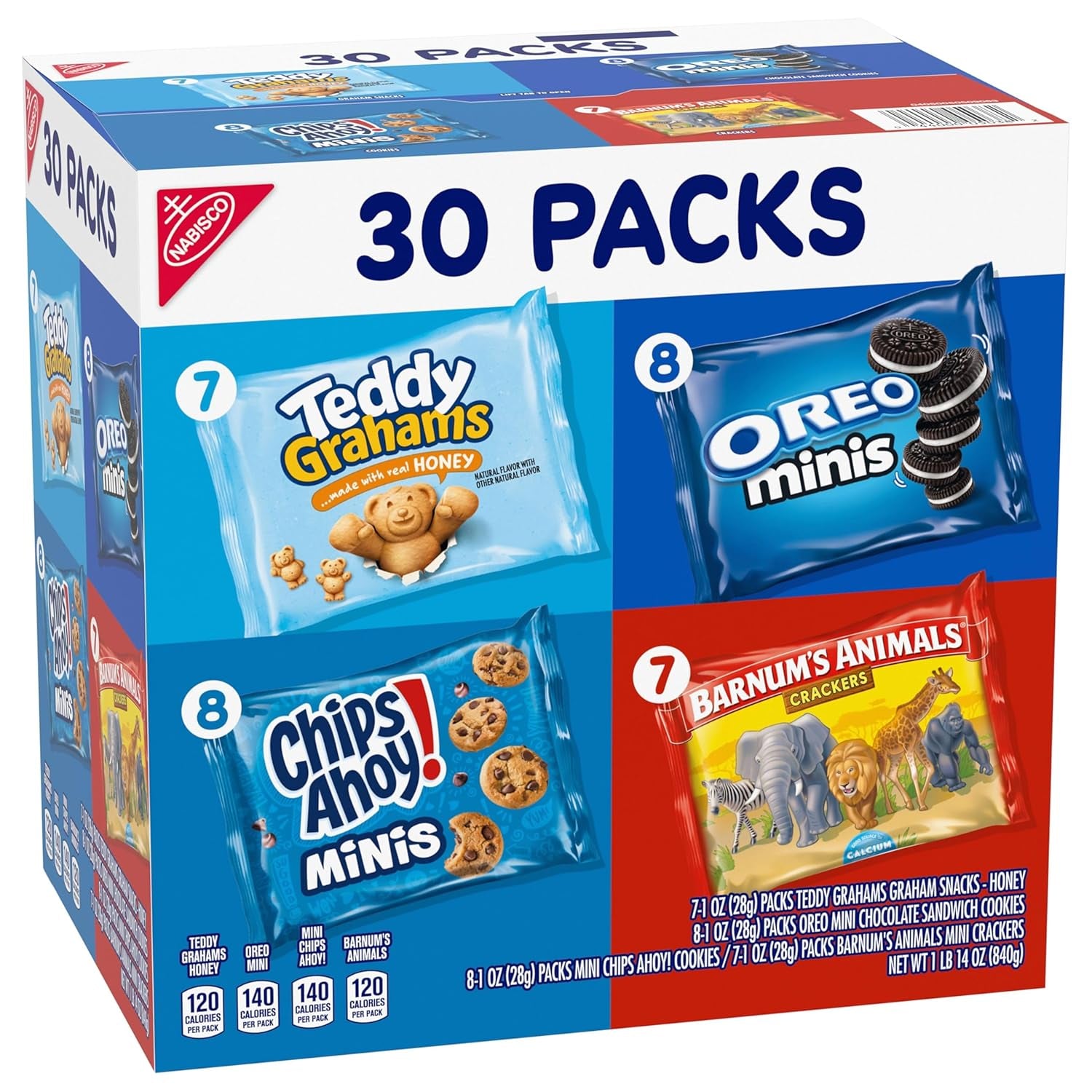 Team Favorites Snacks Variety Pack, BARNUM'S Animal Crackers, TEDDY GRAHAMS, ​CHIPS AHOY! Minis, and OREO Minis Cookies, 30 Snack Packs