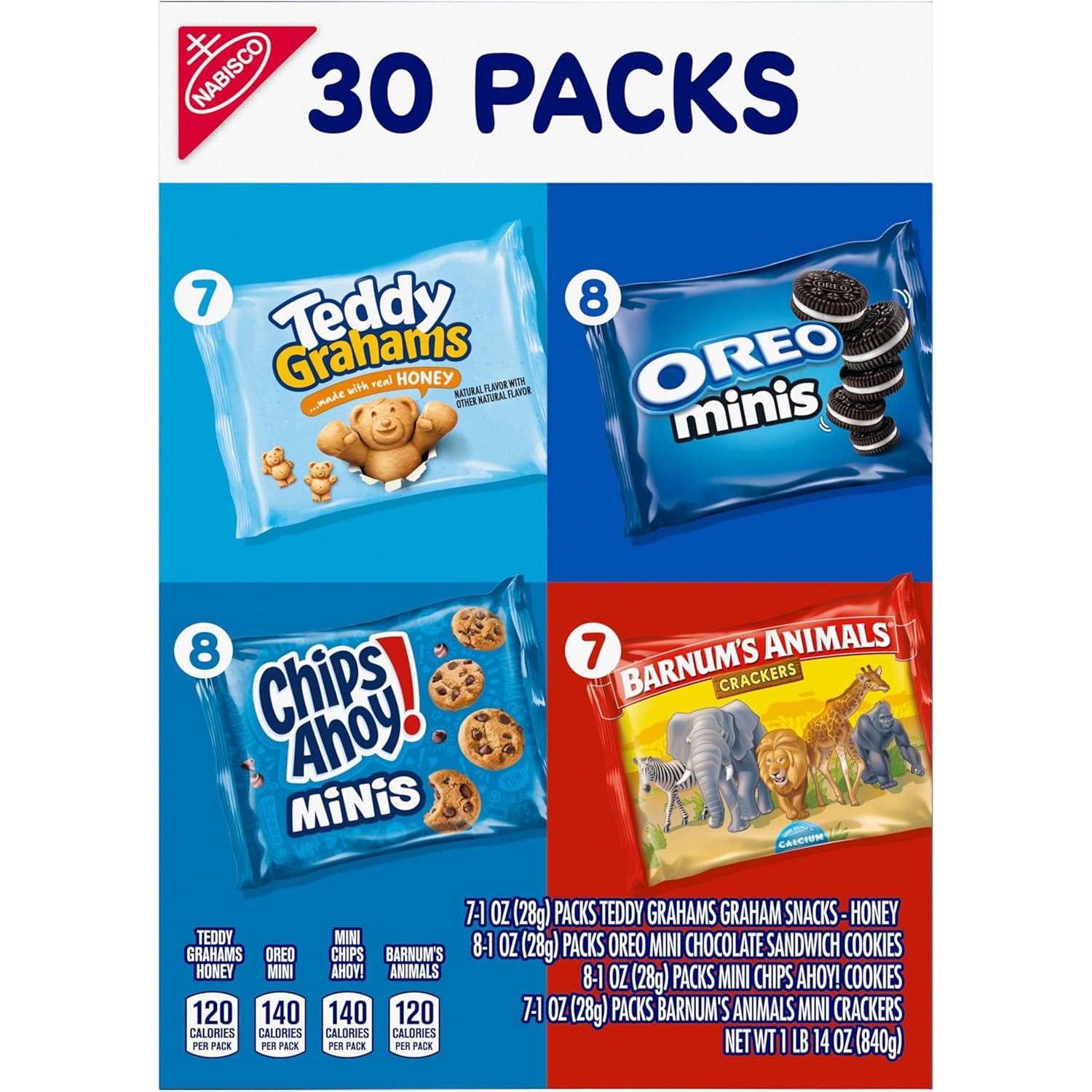 Team Favorites Snacks Variety Pack, BARNUM'S Animal Crackers, TEDDY GRAHAMS, ​CHIPS AHOY! Minis, and OREO Minis Cookies, 30 Snack Packs
