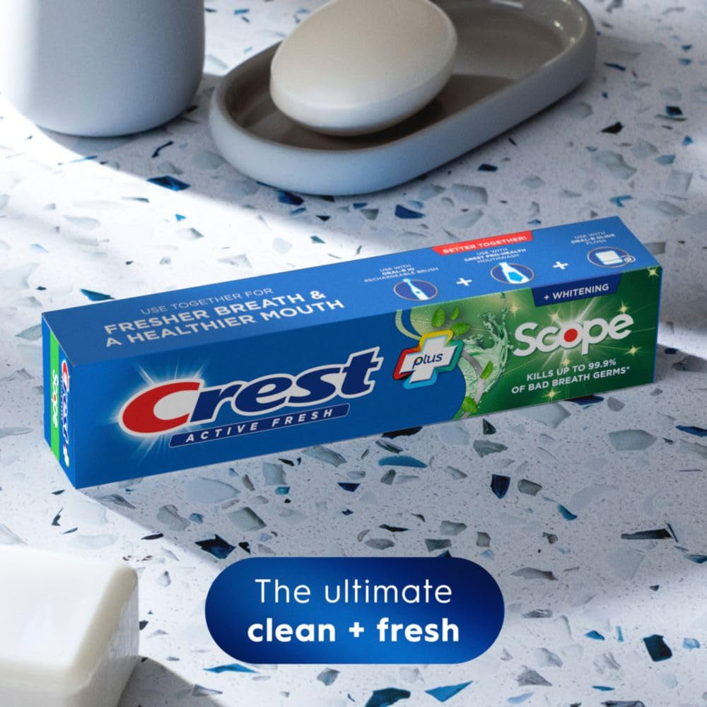 Crest + Scope, Active Fresh, Teeth Whitening Toothpaste for Adults, 5.5Oz 4 Pack, Bad Breath Treatment, Breath Freshner, for Sensitive Teeth, Deep Stain Remover, Travel Size Toiletries
