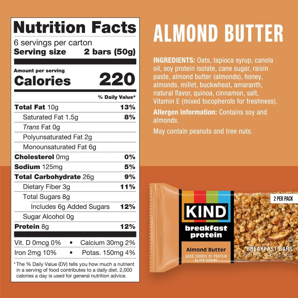 KIND Breakfast Protein Bars Variety Pack, Gluten Free, Low Sodium, Healthy Snacks, Peanut Butter, Honey Oat, Almond Butter, 8G Protein, 18 Count (18 Packs of 2 Bars)