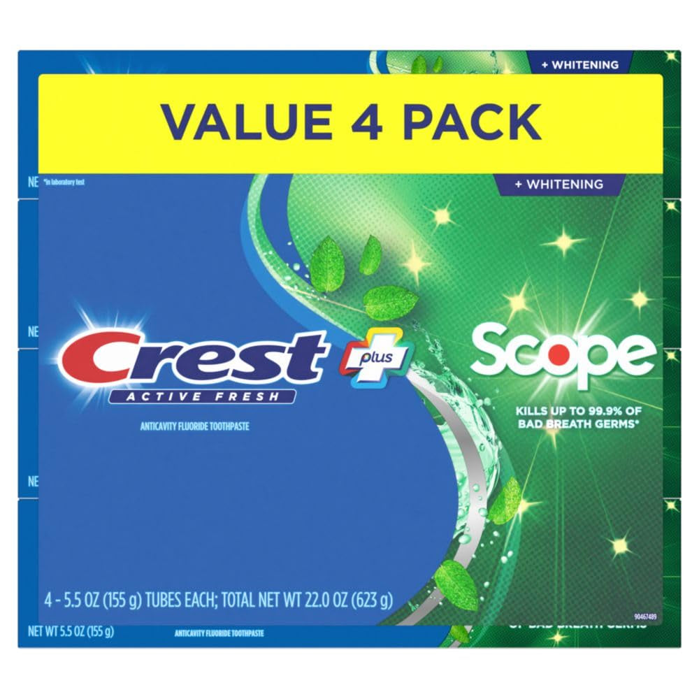 Crest + Scope, Active Fresh, Teeth Whitening Toothpaste for Adults, 5.5Oz 4 Pack, Bad Breath Treatment, Breath Freshner, for Sensitive Teeth, Deep Stain Remover, Travel Size Toiletries