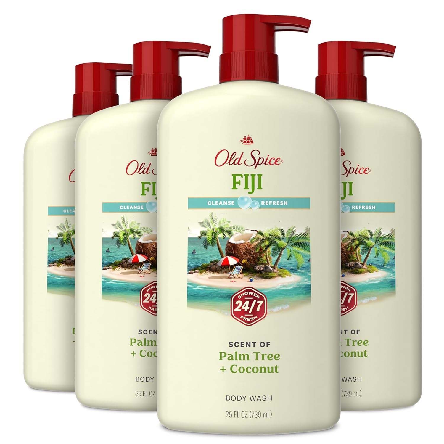 Old Spice Body Wash for Men, 24/7 Shower Fresh with Lasting Scent, Cleanse & Refresh, Gentle on Skin, Vitamin B3, Fiji with Palm Tree + Coconut Scent, 25 Oz (Pack of 4)