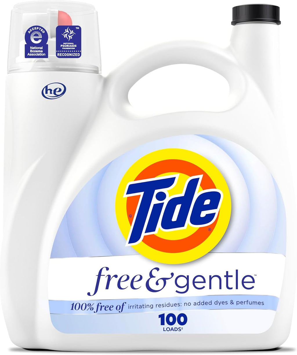 Tide Free & Gentle Liquid Laundry Detergent, 100 Loads, 132 Fl Oz, Tide Laundry Detergent, Clean Laundry Detergent