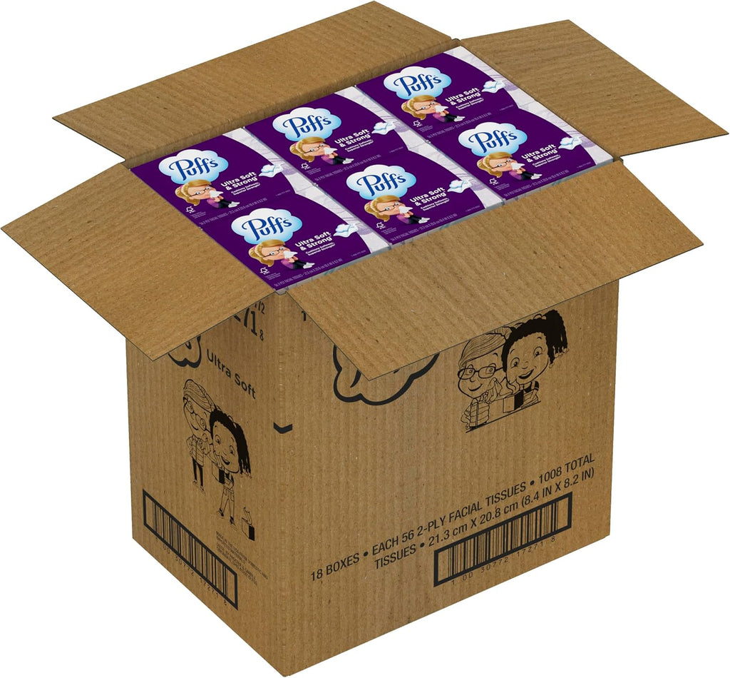 Puffs Facial Tissue Ultra Soft Non-Lotion, 18 Cube Boxes, 56 Facial Tissues per Box, Allergies and Colds (Packaging May Vary)