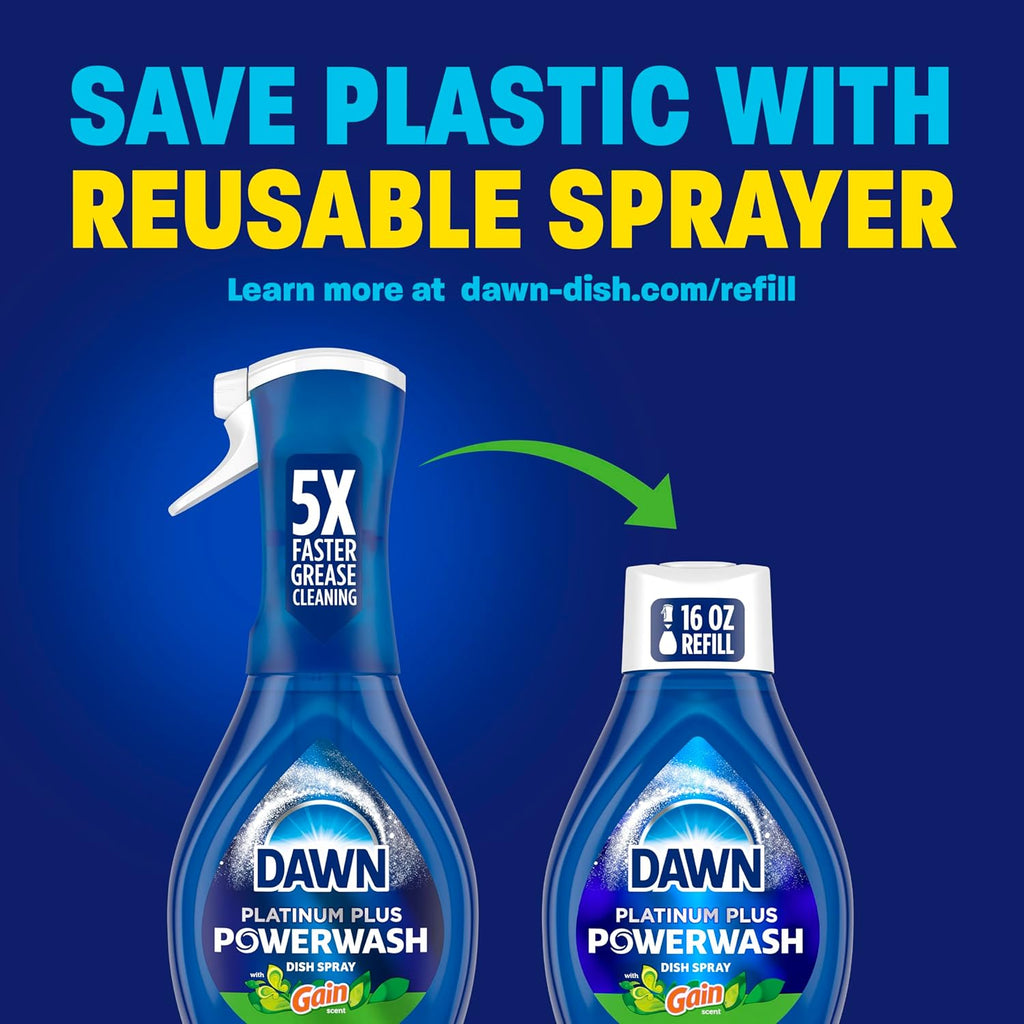 Powerwash Gain Original Dish Spray, Liquid Dish Soap, Dish Soap Refill, , 1 Starter Kit + 3 Refills, 64 Fl Oz Total (16 Fl Oz/Bottle)