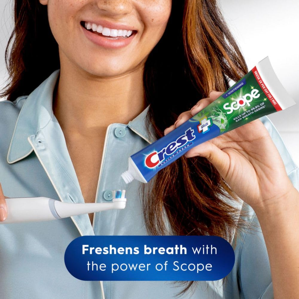 Crest + Scope, Active Fresh, Teeth Whitening Toothpaste for Adults, 5.5Oz 4 Pack, Bad Breath Treatment, Breath Freshner, for Sensitive Teeth, Deep Stain Remover, Travel Size Toiletries