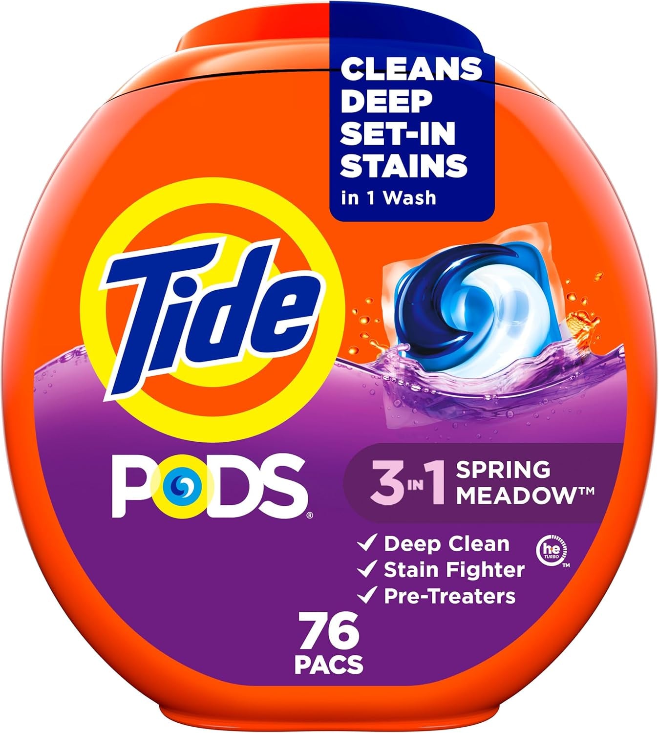 Tide PODS Laundry Detergent Pacs, 3-In-1 Stain Remover, Odor Fighter, Color Protector, 76 Count, HE Compatible, Original Scent