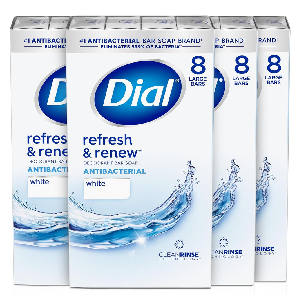 Dial Antibacterial Bar Soap, Refresh & Renew, White, 4 Oz, 32 Bars
