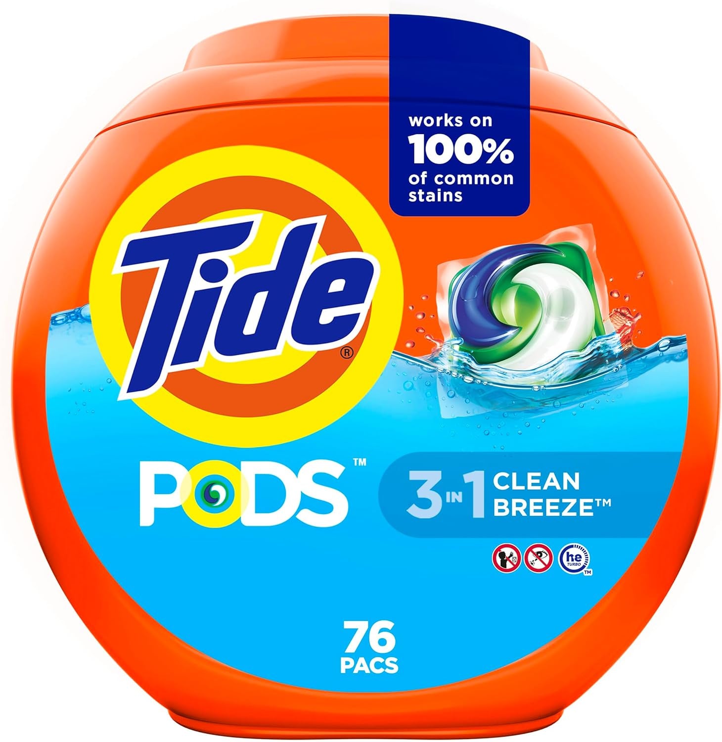 Tide PODS Laundry Detergent Pacs, 3-In-1 Stain Remover, Odor Fighter, Color Protector, 76 Count, HE Compatible, Original Scent
