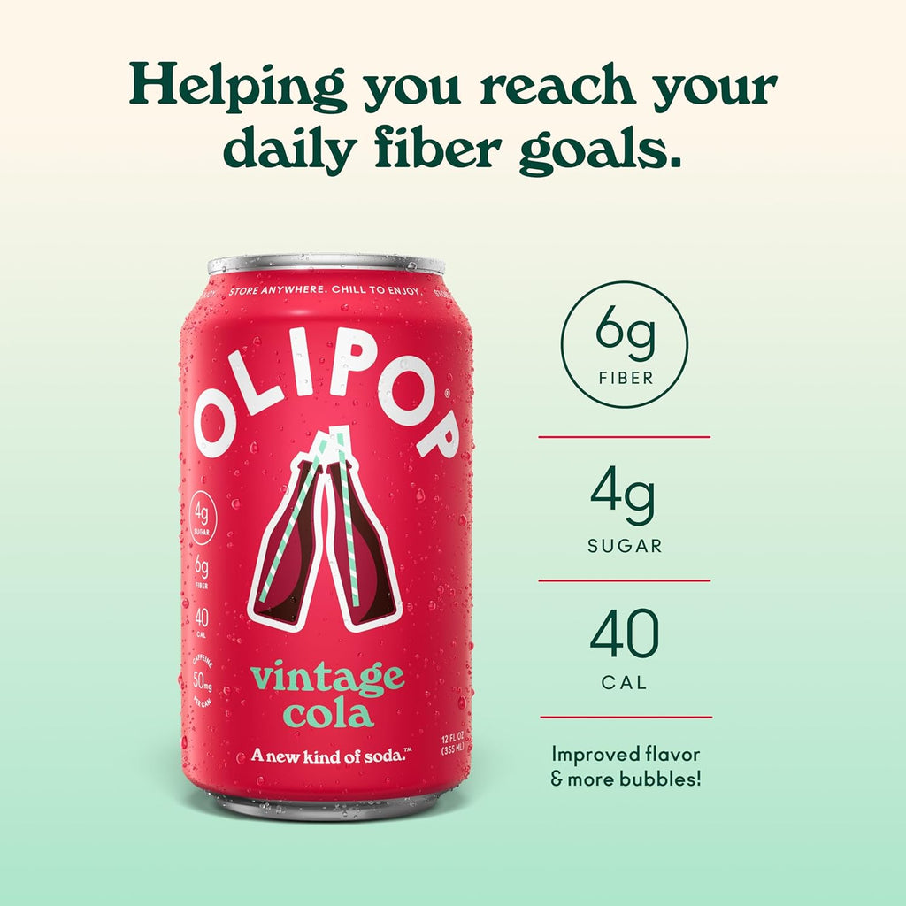 OLIPOP Prebiotic Soda Pop, Vintage Cola, Pantry Pack Packed with Prebiotics, Fiber, and Botanicals, Gluten Free, GMO Free, 12Oz (12-Cans) (Packaging May Vary)