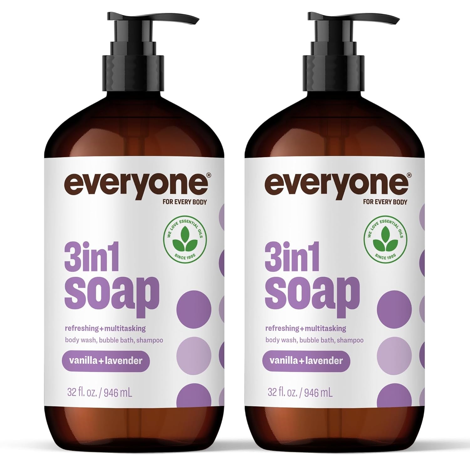 Everyone 3-In-1 Soap, Body Wash, Bubble Bath, Shampoo, 32 Ounce (Pack of 2), Vanilla and Lavender, Made with Essential Oils for Men and Women
