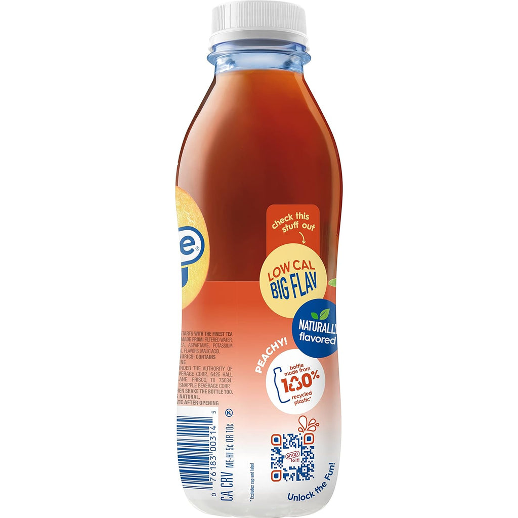 Snapple Zero Sugar Peach Tea, 16 Fl Oz Recycled Plastic Bottle (Pack of 12)