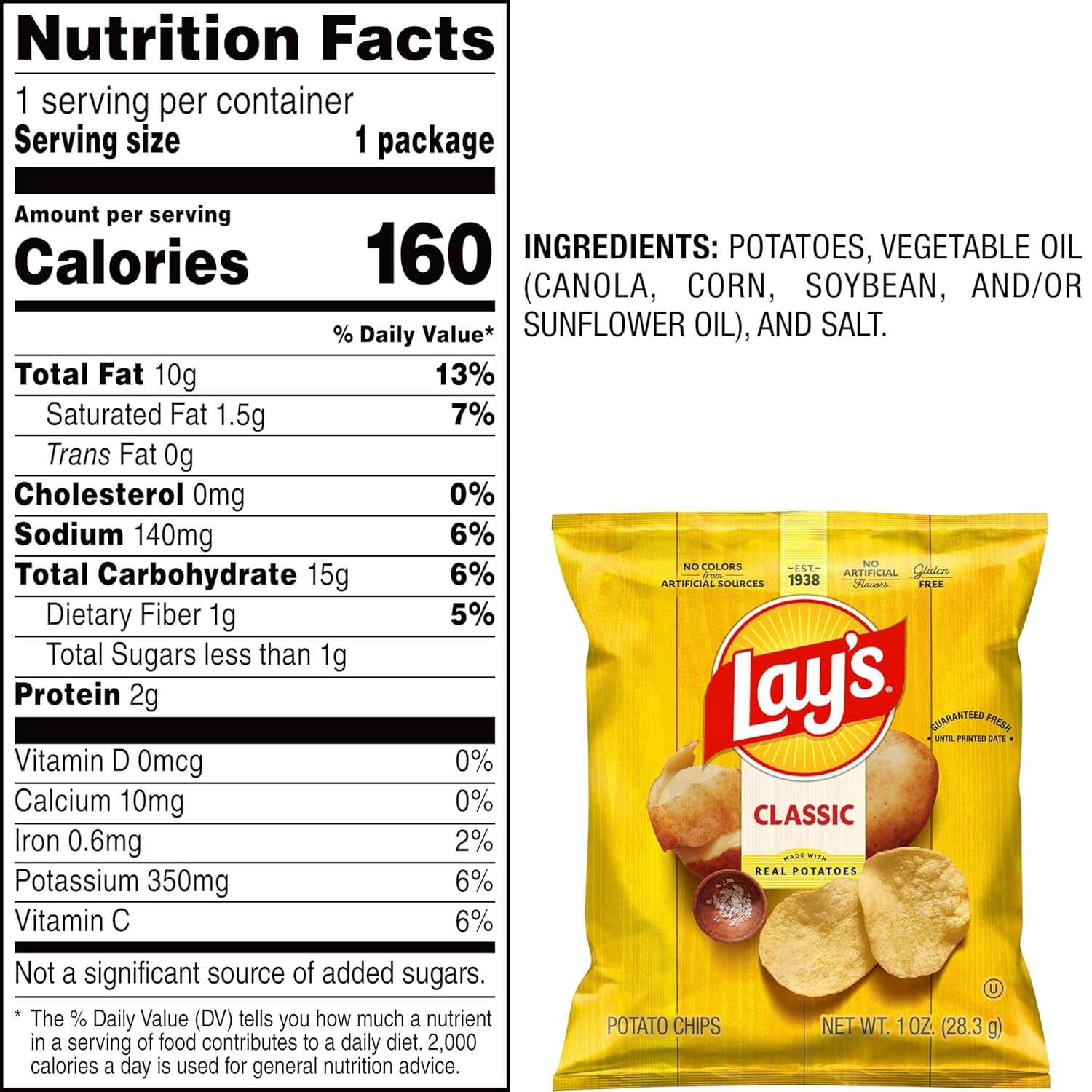 Lay'S Potato Chips, Classic, 1 Ounce (Pack of 40)