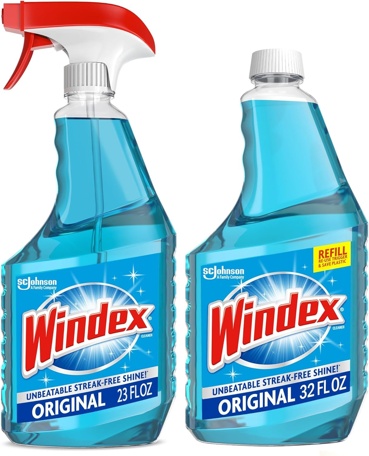 Refill Bundle of Glass and Window Cleaner Spray, Original Blue Scent, Bundle Including 23 Fl Oz Spray & a 32 Fl Oz Refill Bottle, Surface Cleaning Spray, Household Cleaning Essentials