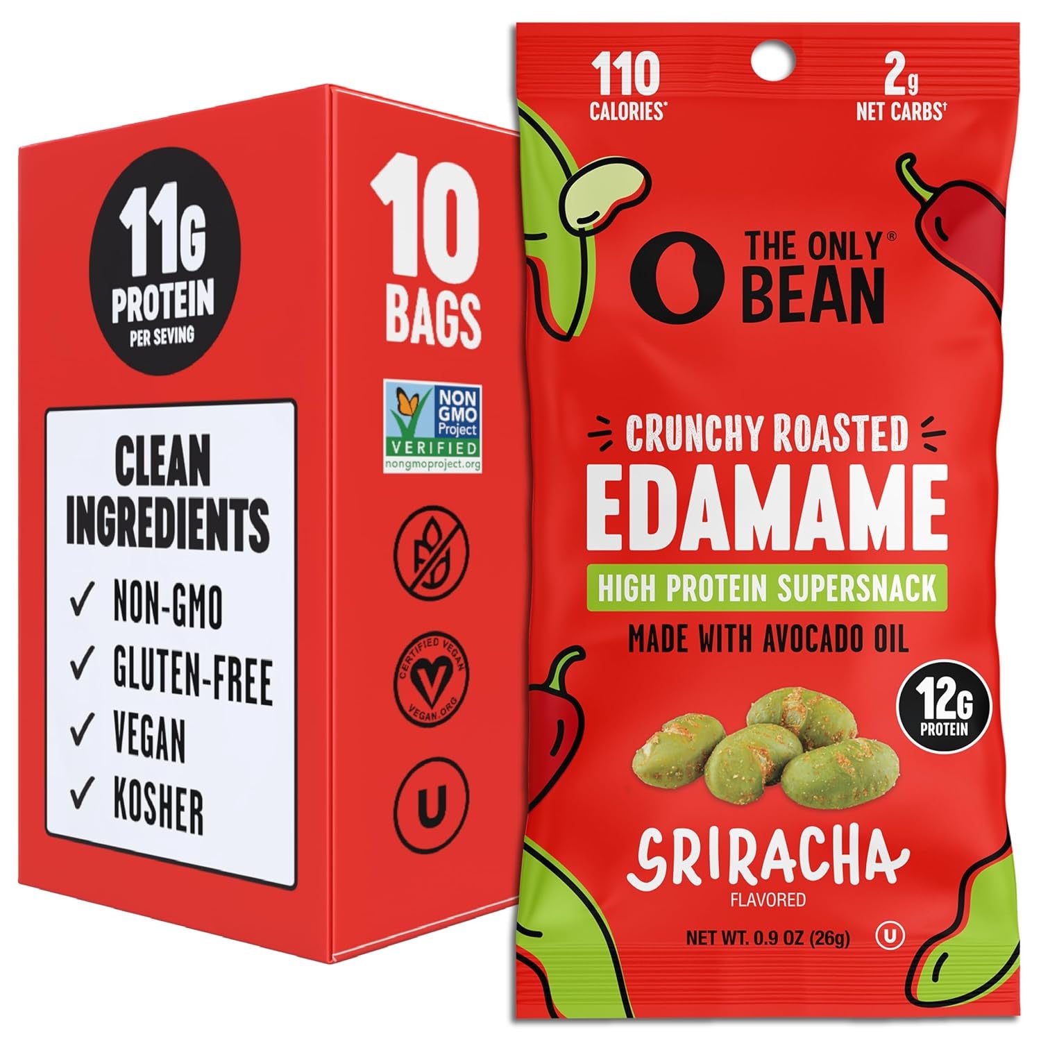 The Only Bean Crunchy Dry Roasted Edamame Snacks (Sea Salt), Healthy High Protein(11G) Keto Food, Low Carb Gluten Free Office Vegan Food 100 Calorie Snack Pack, 0.9Oz 10 Pack