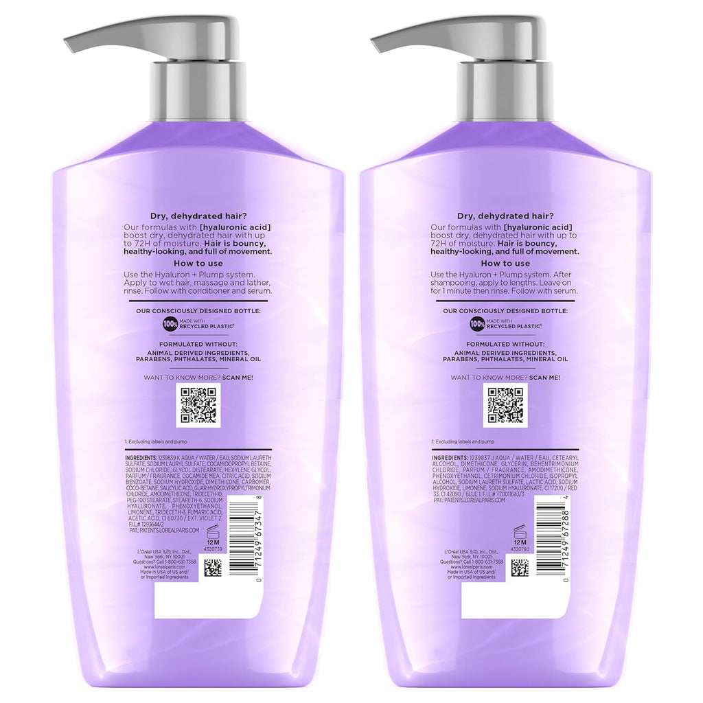 L'Oreal Paris Elvive Hyaluron Plump Shampoo and Conditioner Set for Dry, Dehydrated Hair, 72H Hydrating Hair Care, Infused with Hyaluronic Acid Complex, 53 Fl Oz Set