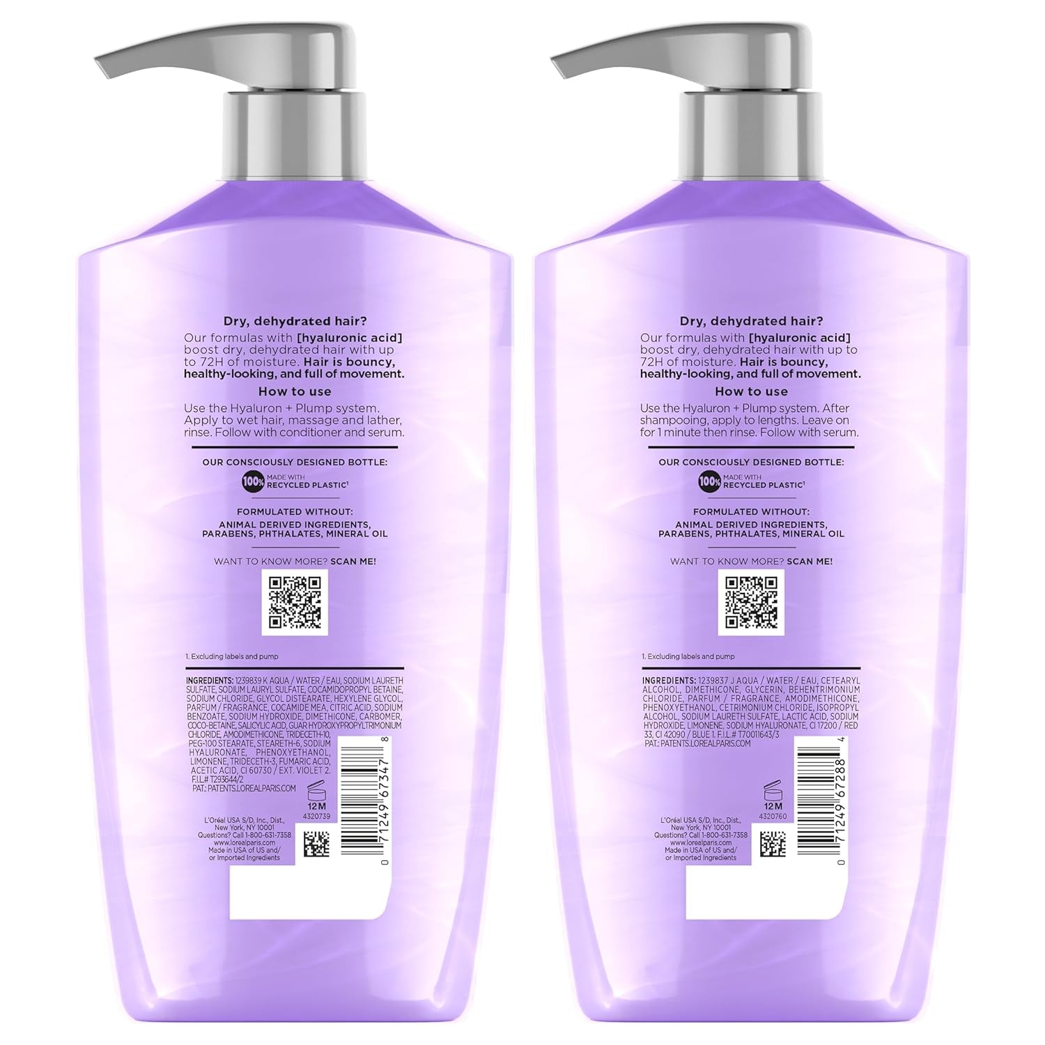 L'Oreal Paris Elvive Hyaluron Plump Shampoo and Conditioner Set for Dry, Dehydrated Hair, 72H Hydrating Hair Care, Infused with Hyaluronic Acid Complex, 53 Fl Oz Set
