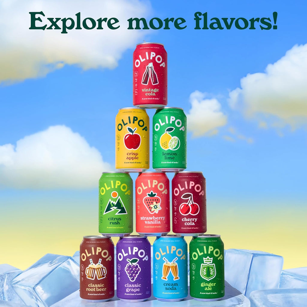 OLIPOP Prebiotic Soda Pop, Vintage Cola, Pantry Pack Packed with Prebiotics, Fiber, and Botanicals, Gluten Free, GMO Free, 12Oz (12-Cans) (Packaging May Vary)