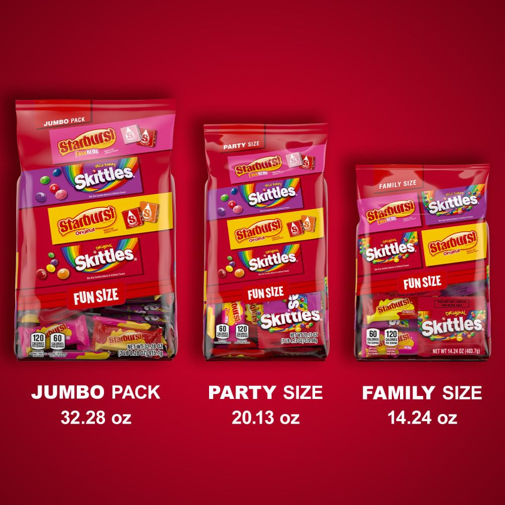 SKITTLES Original, Wild Berry & STARBURST Original and Favereds Fun Size Chewy Candy Variety Pack, Party Size, 20.13 Oz Bulk Candy