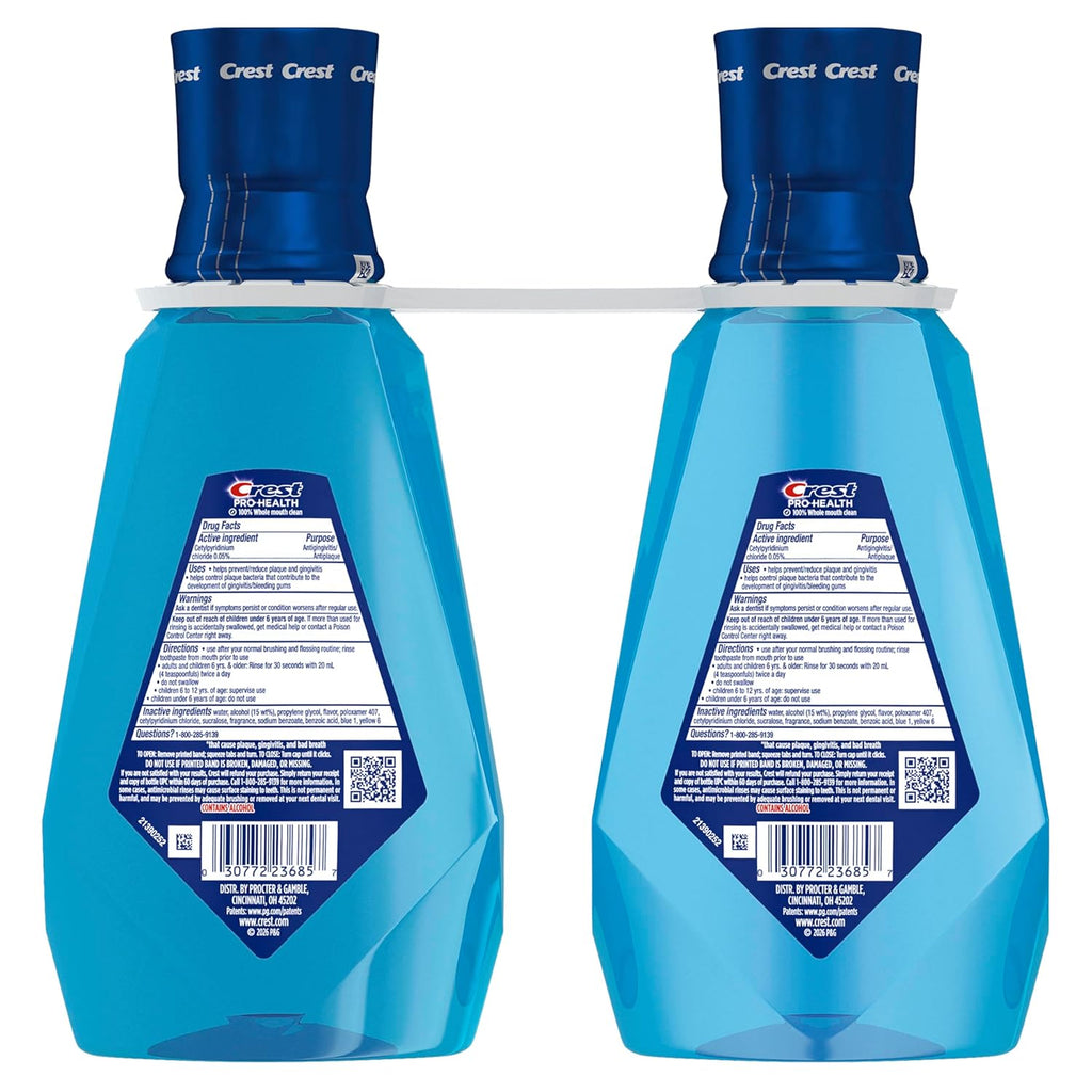 Crest Mouthwash Pro-Health Bold Fresh Breath, 99% Germ Kill, Antigingivitis & Antiplaque, Clean Mint - 1 L (33.8 Fl Oz), Pack of 2