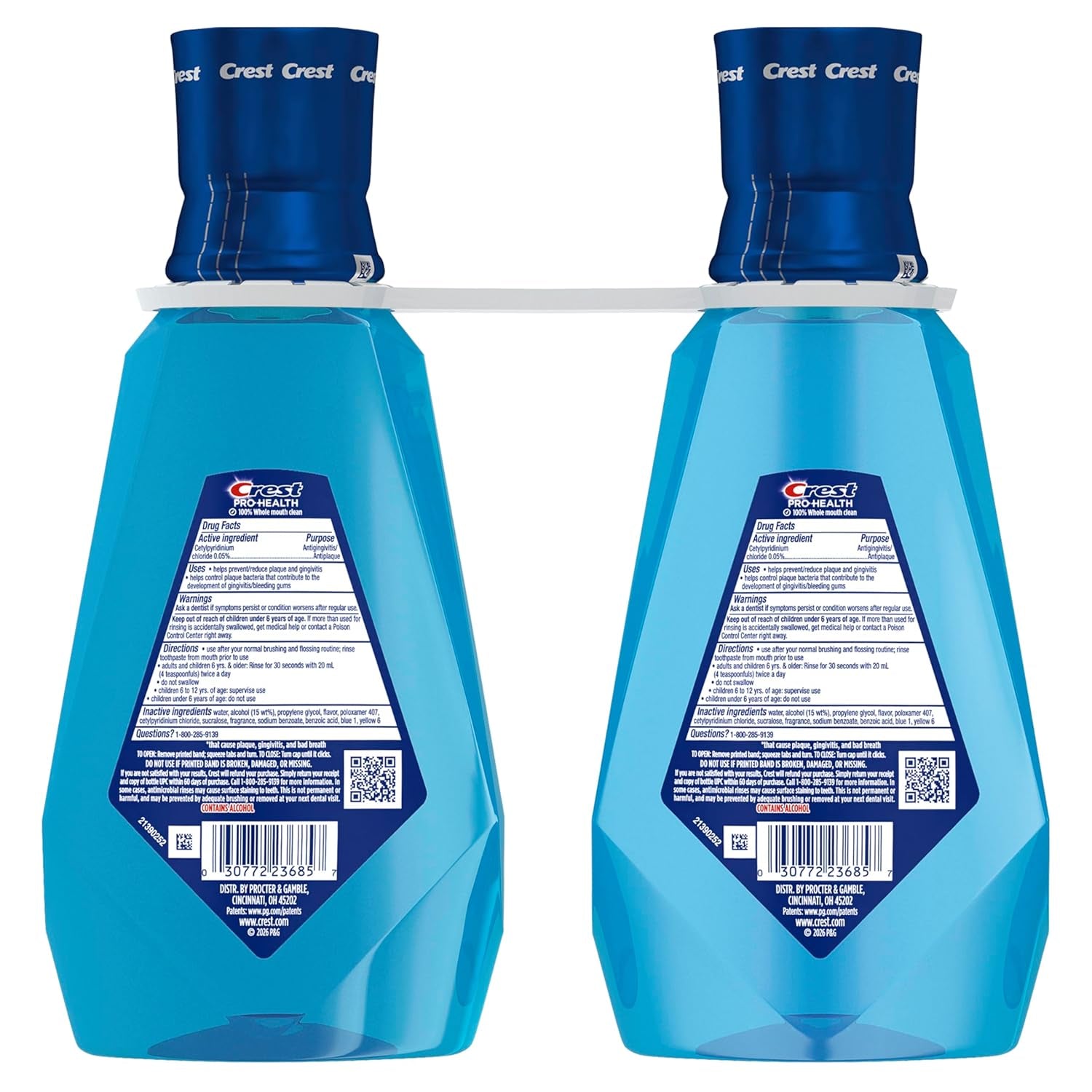 Crest Mouthwash Pro-Health Bold Fresh Breath, 99% Germ Kill, Antigingivitis & Antiplaque, Clean Mint - 1 L (33.8 Fl Oz), Pack of 2