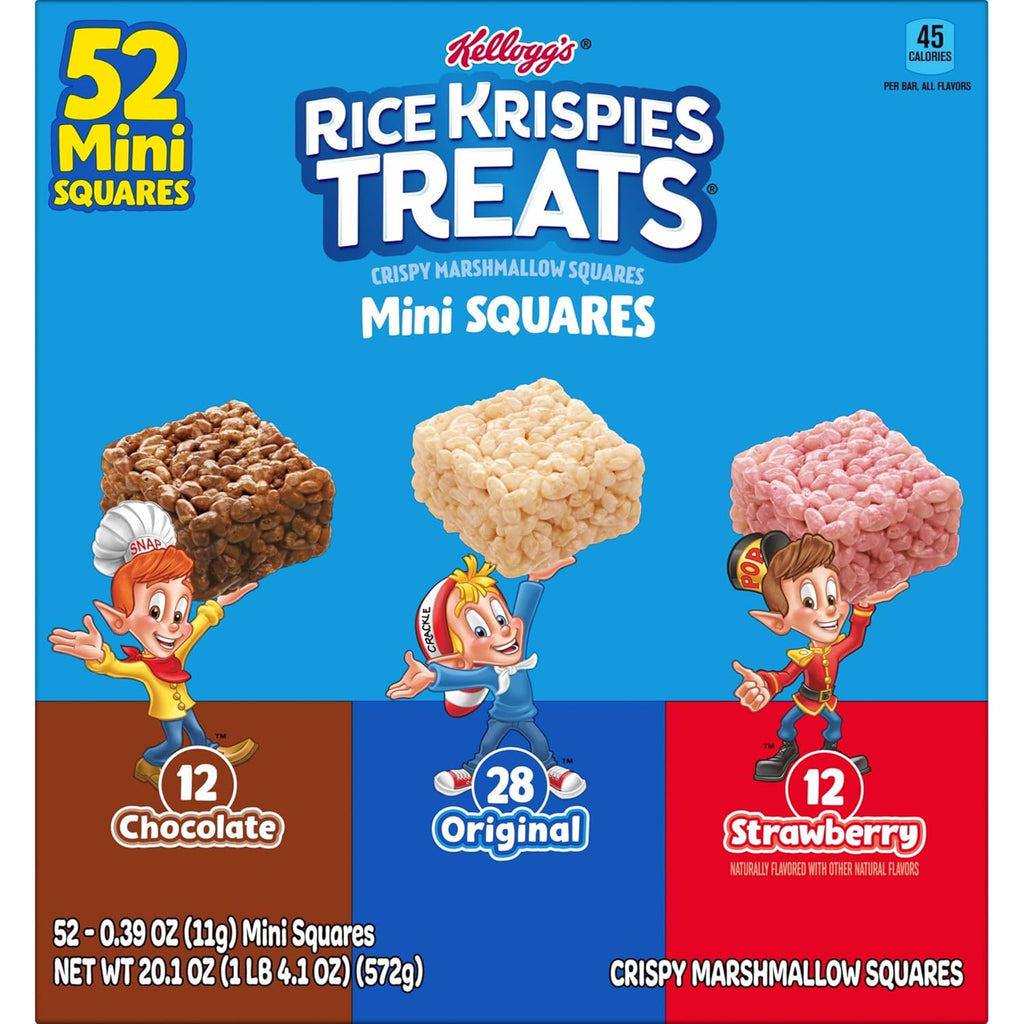 Mini Crispy Marshmallow Squares, Kids Snacks Box, Cereal Bars, Variety Pack (52 Bars)