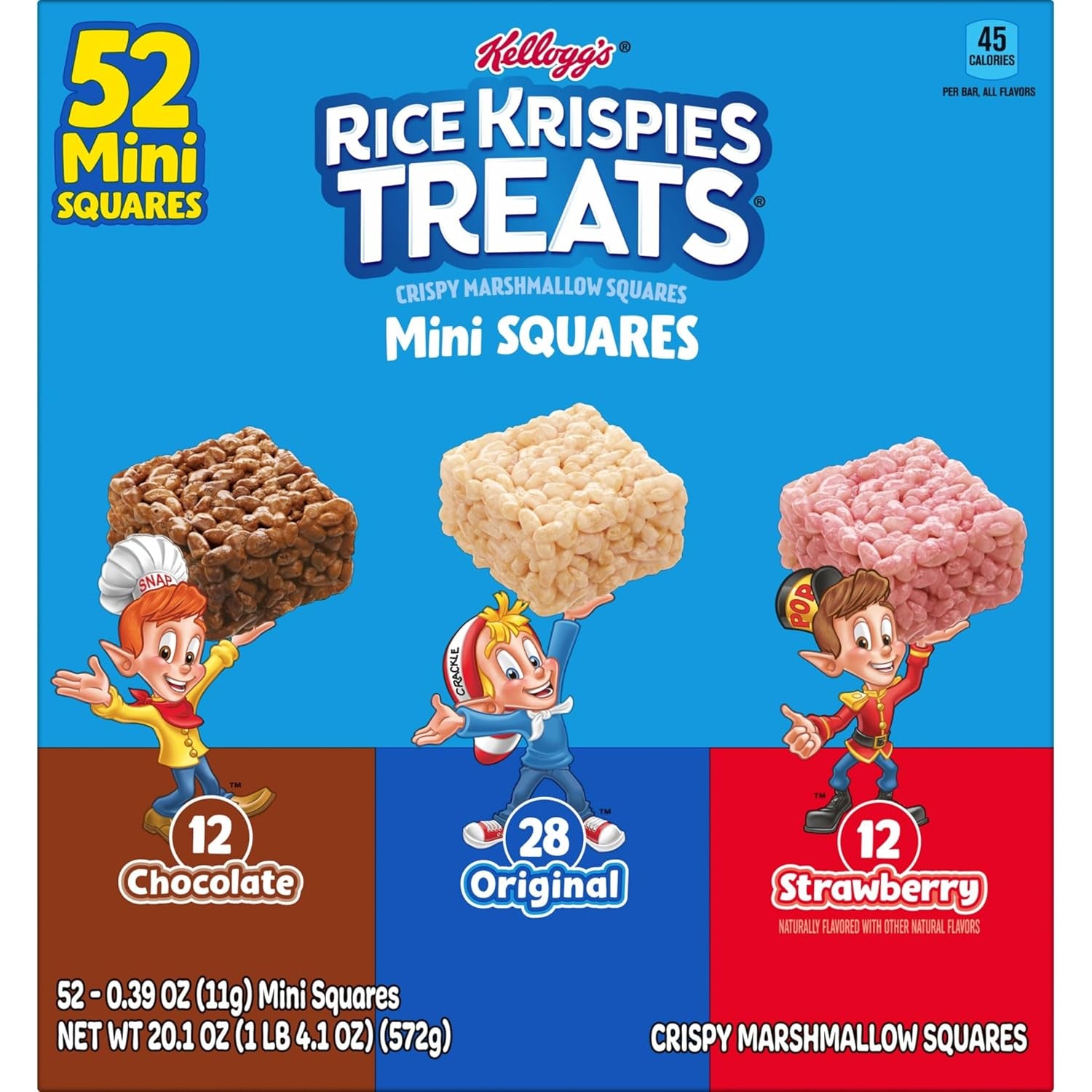Mini Crispy Marshmallow Squares, Kids Snacks Box, Cereal Bars, Variety Pack (52 Bars)