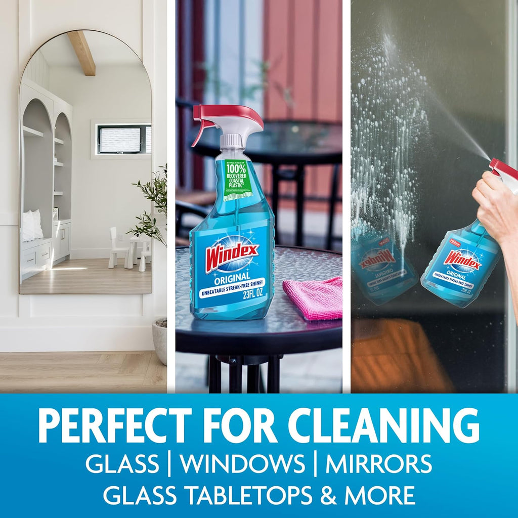 Windex Glass and Window Cleaner Spray Bottle, Packaging Designed to Prevent Leakage and Breaking, Surface Cleaning Spray, Original Blue Scent, 23 Fl Oz (Pack of 2)