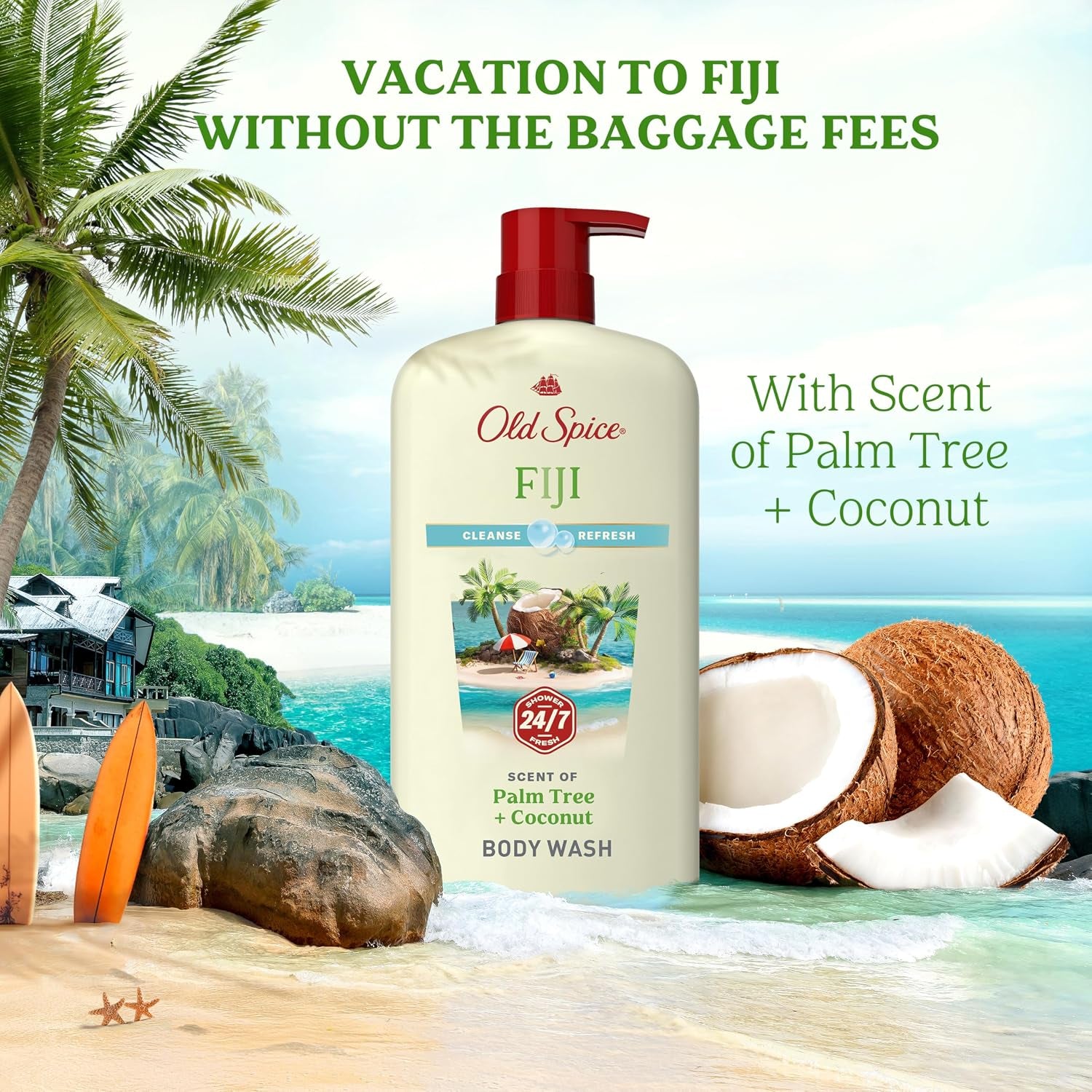Old Spice Body Wash for Men, 24/7 Shower Fresh with Lasting Scent, Cleanse & Refresh, Gentle on Skin, Vitamin B3, Fiji with Palm Tree + Coconut Scent, 25 Oz (Pack of 4)