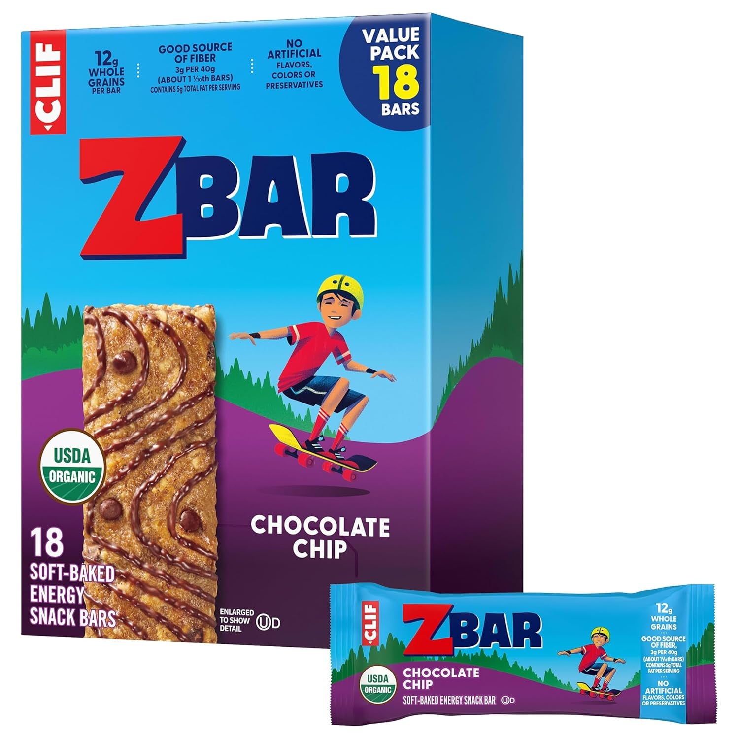 Zbar - Chocolate Chip - Soft-Baked Energy Snack Bars - Non-Gmo - 12G Whole Grains - USDA Organic Granola Bars - Snacks for Kids (18 Pack)