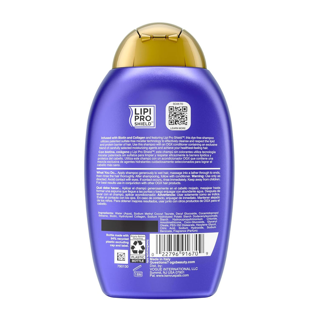 OGX Thick & Full + Biotin & Collagen Volumizing Shampoo, Nutrient-Infused Hair Shampoo with Vitamin B7 Biotin Gives Hair Volume & Body for 72+ Hours, Sulfate-Free Surfactants, 13 Fl. Oz