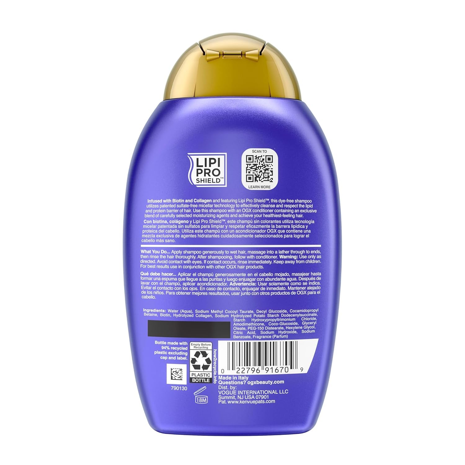 OGX Thick & Full + Biotin & Collagen Volumizing Shampoo, Nutrient-Infused Hair Shampoo with Vitamin B7 Biotin Gives Hair Volume & Body for 72+ Hours, Sulfate-Free Surfactants, 13 Fl. Oz